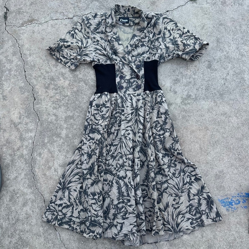 Choon California Dress Palm Leaf Print Corset Waist Button Up Vintage